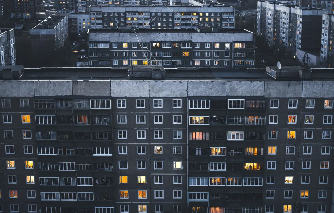Photo wallpaper Home, The evening, The city, Roof, Windows, District
