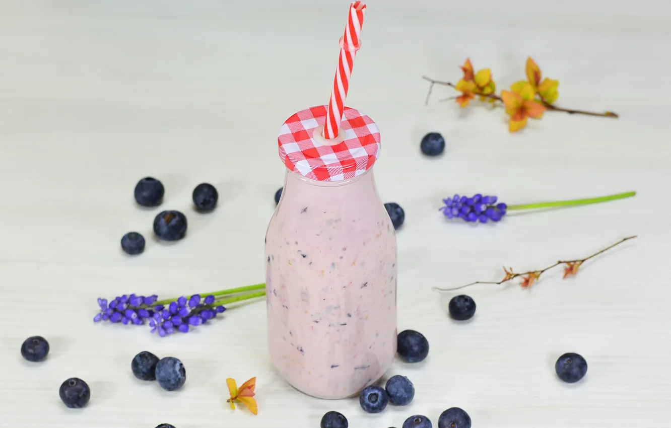 Photo wallpaper flowers, berries, bottle, food, blueberries, tube, yogurt