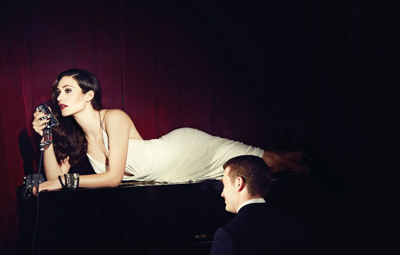 Photo wallpaper girl, actress, microphone, singer, Emmy Rossum, Emmy Rossum