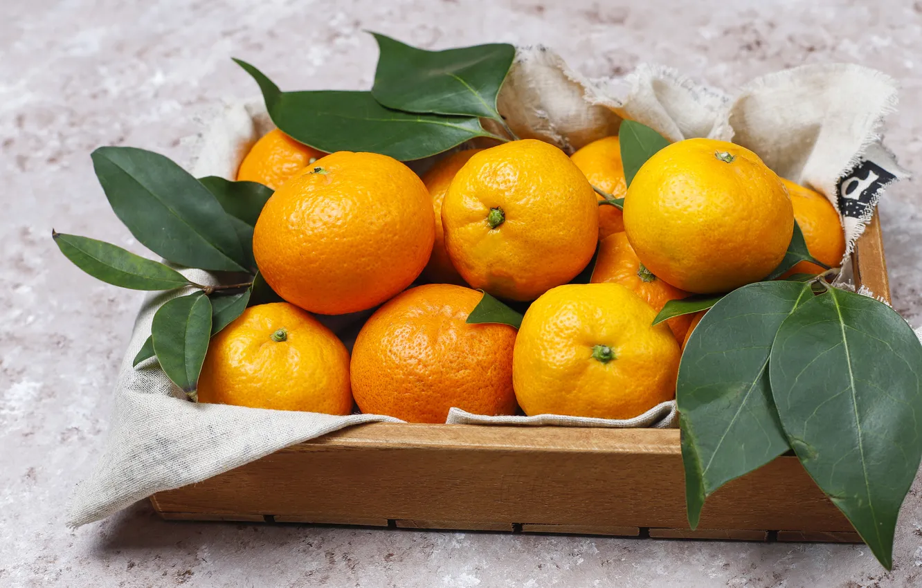 Photo wallpaper leaves, table, fabric, fruit, box, composition, tangerines