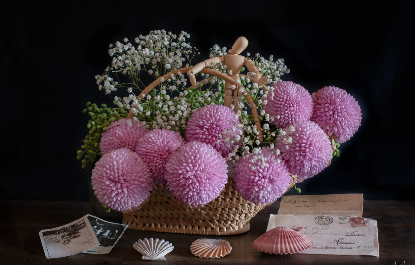 Photo wallpaper flowers, bouquet, vase, dahlias