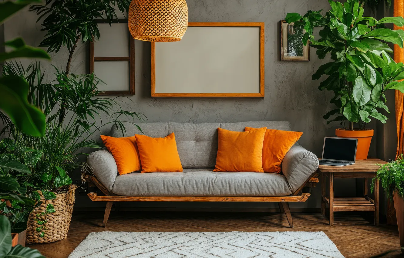 Photo wallpaper orange, comfort, room, sofa, furniture, frame, plant, home