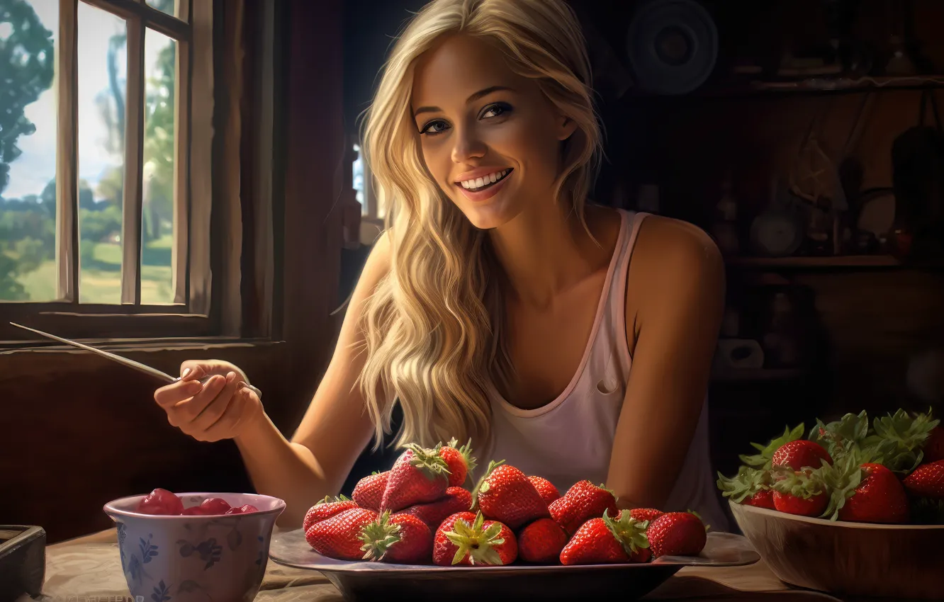 Photo wallpaper summer, girl, face, pose, smile, berries, portrait, home