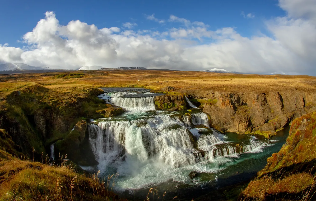 Photo wallpaper autumn, the sky, grass, clouds, mountains, rocks, blue, shore