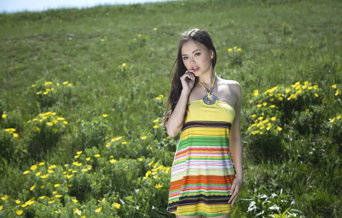 Photo wallpaper grass, hot girl, field, nature, yellow, outside, hillside, red lips