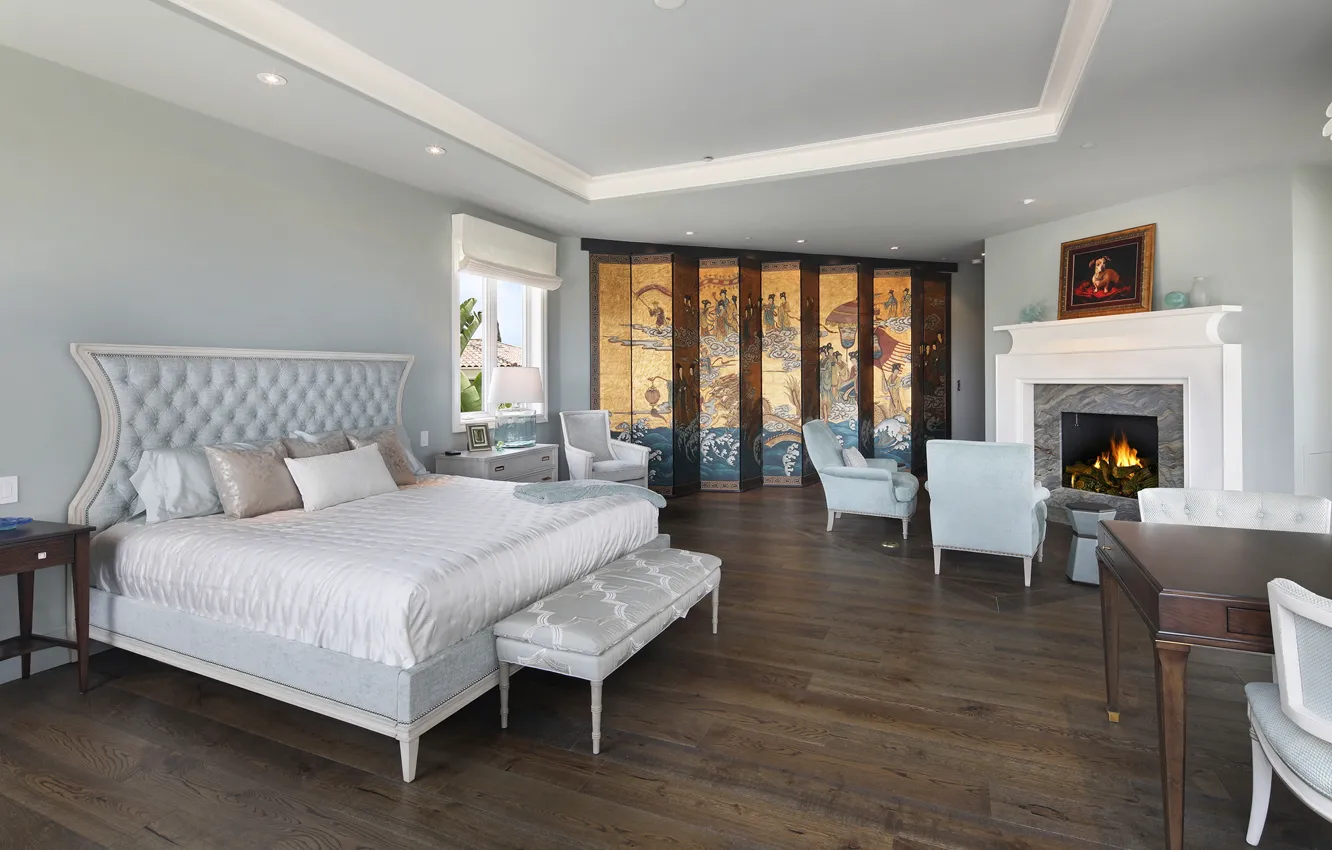 Photo wallpaper room, bed, fireplace, mansion, bedroom