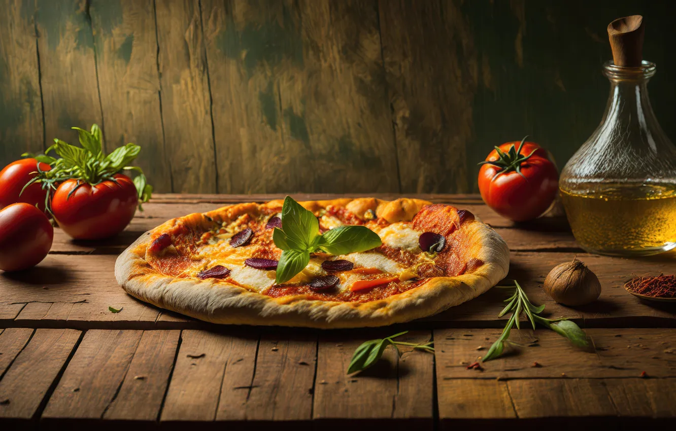 Photo wallpaper table, Board, bottle, food, cheese, vegetables, pizza, tomatoes