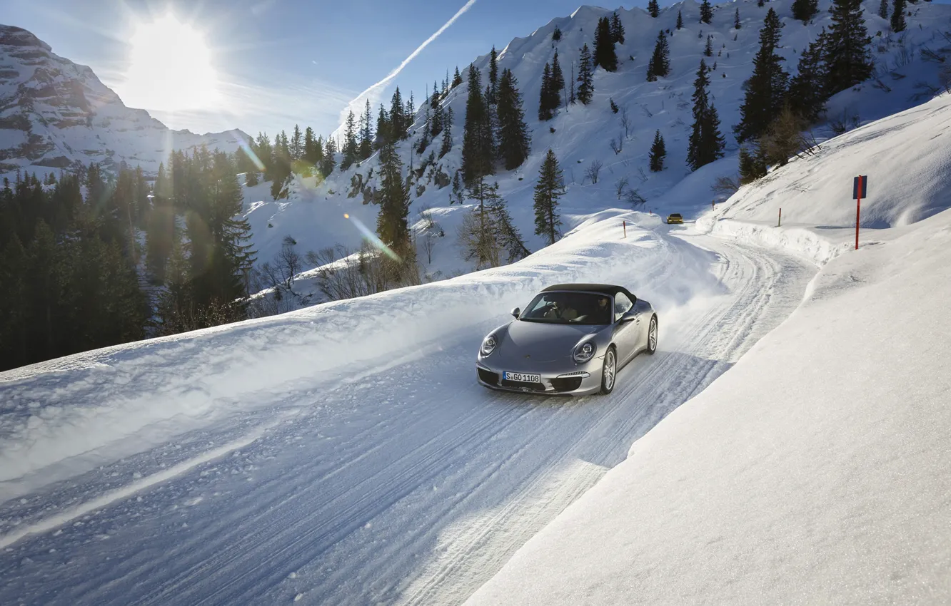 Photo wallpaper road, the sun, snow, 911, Porsche, Porsche, the front
