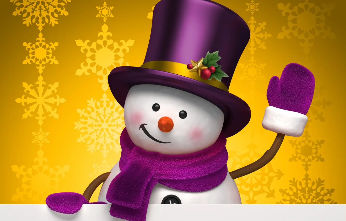 Photo wallpaper winter, snowflakes, yellow, holiday, graphics, Christmas, hat, snowman