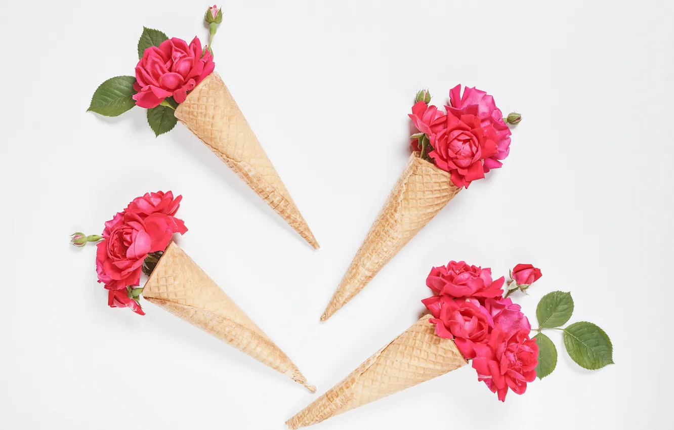 Photo wallpaper flowers, photo, roses, pink, buds, waffle cone