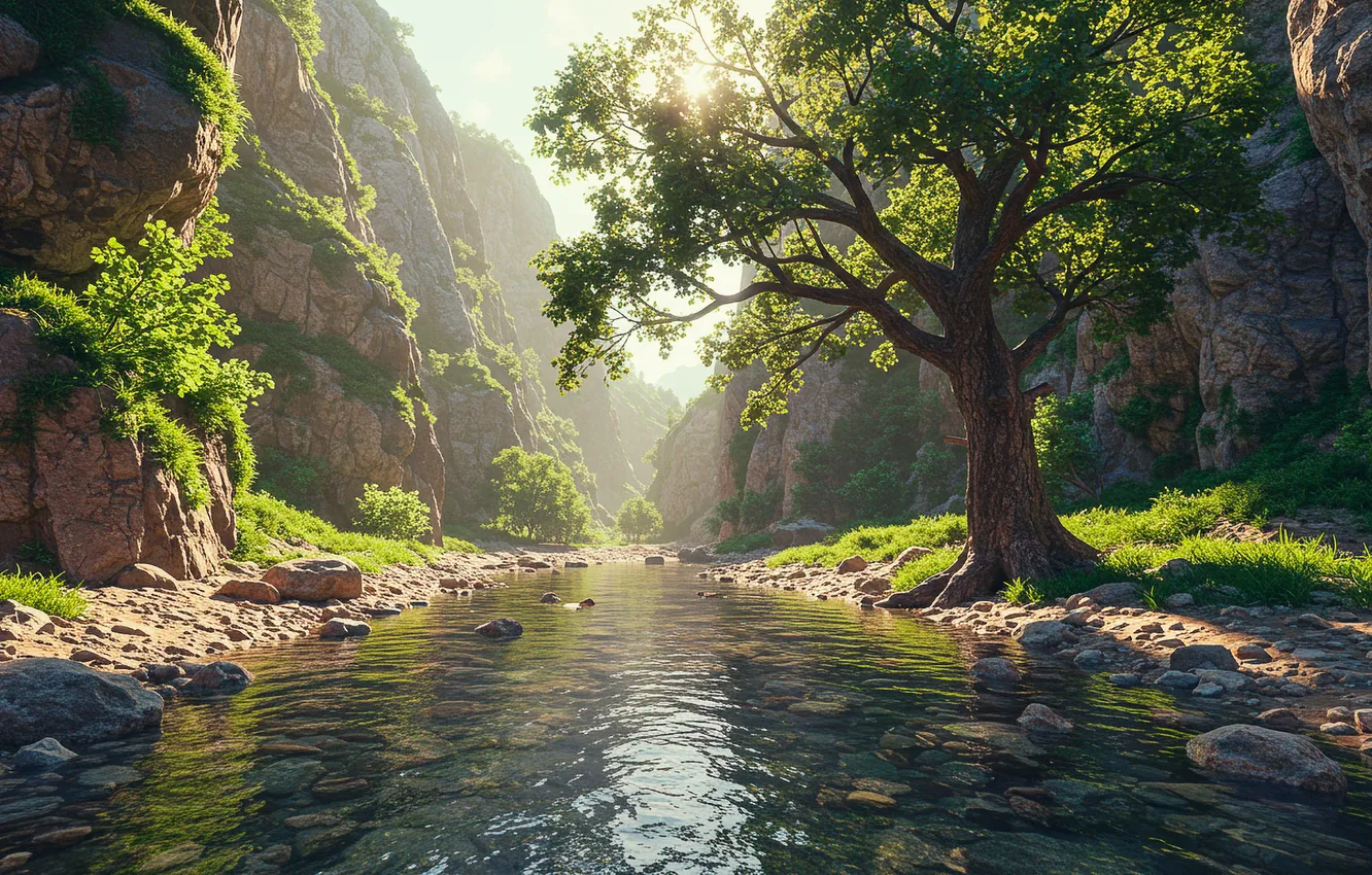 Photo wallpaper summer, trees, mountains, river, gorge