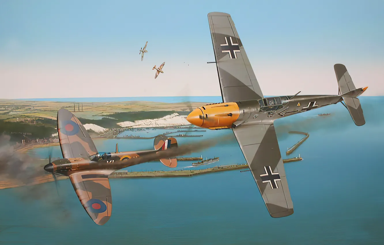 Photo wallpaper art, spitfire, airplane, aviation, bf-109, ww2