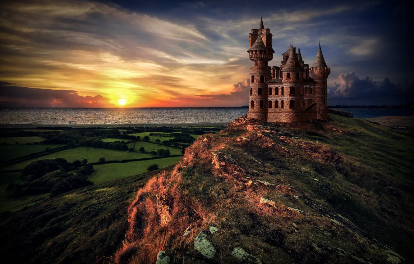 Photo wallpaper sea, sunset, castle
