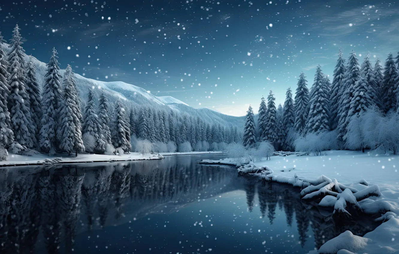 Photo wallpaper winter, forest, snow, trees, lake, tree, forest, landscape