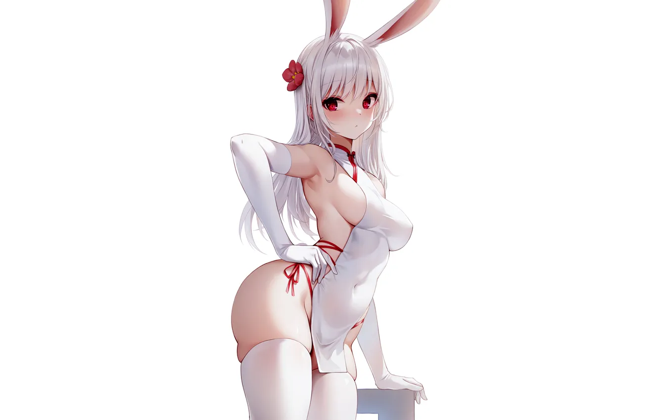 Photo wallpaper girl, sexy, cleavage, flower, thighhighs, long hair, dress, boobs