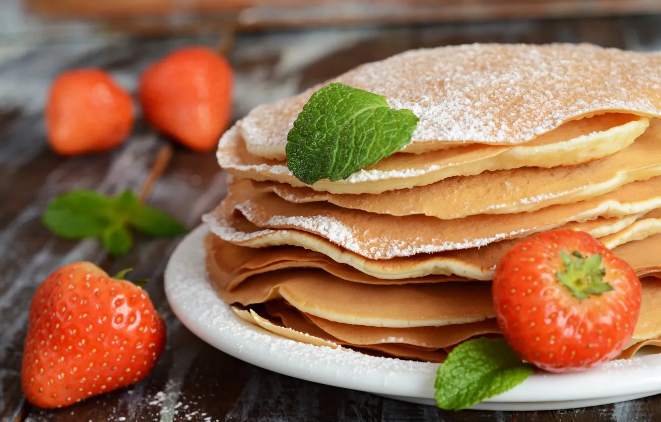 Photo wallpaper strawberry, pancakes, mint