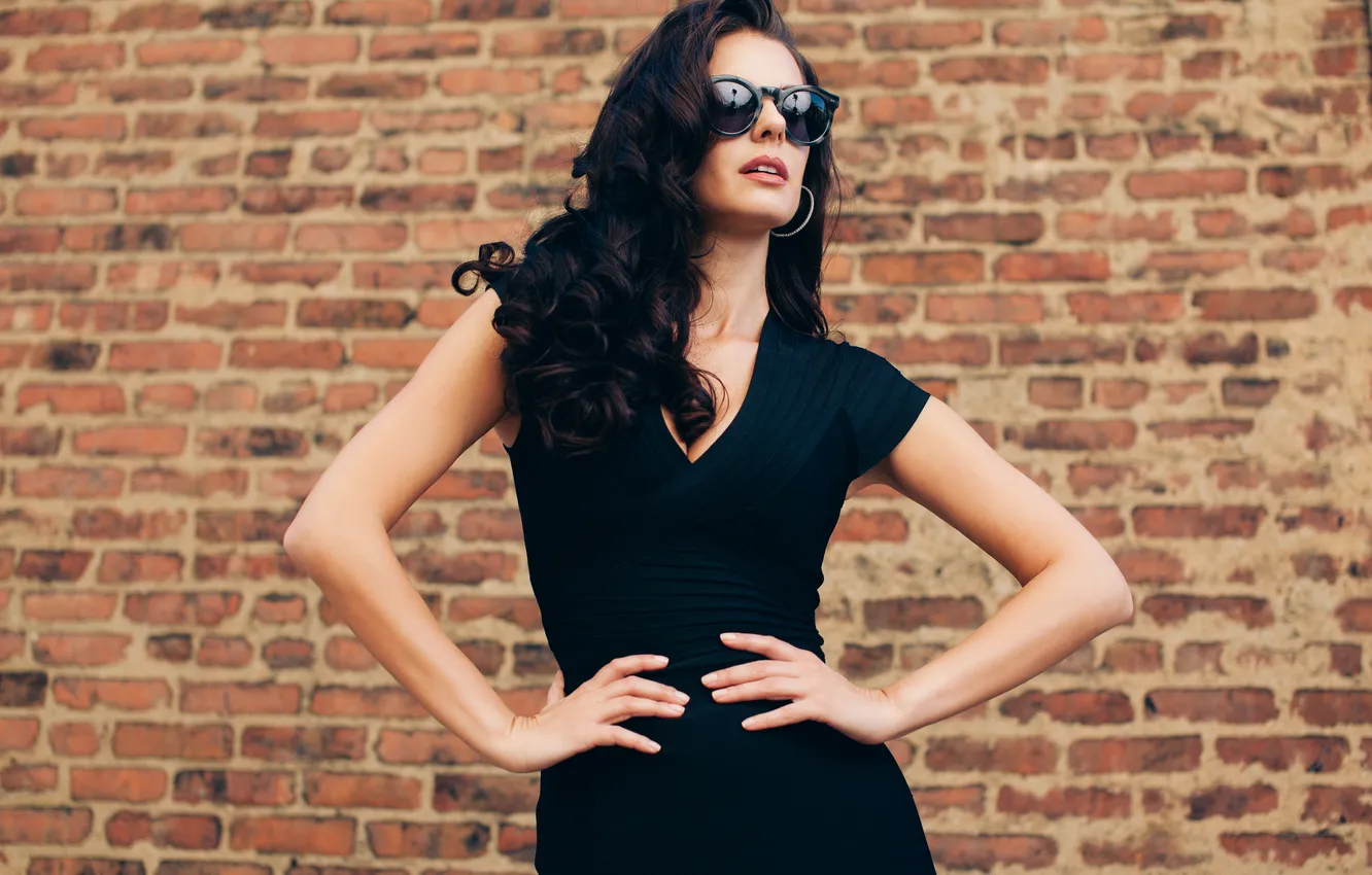 Photo wallpaper girl, black, dress, brunette, glasses