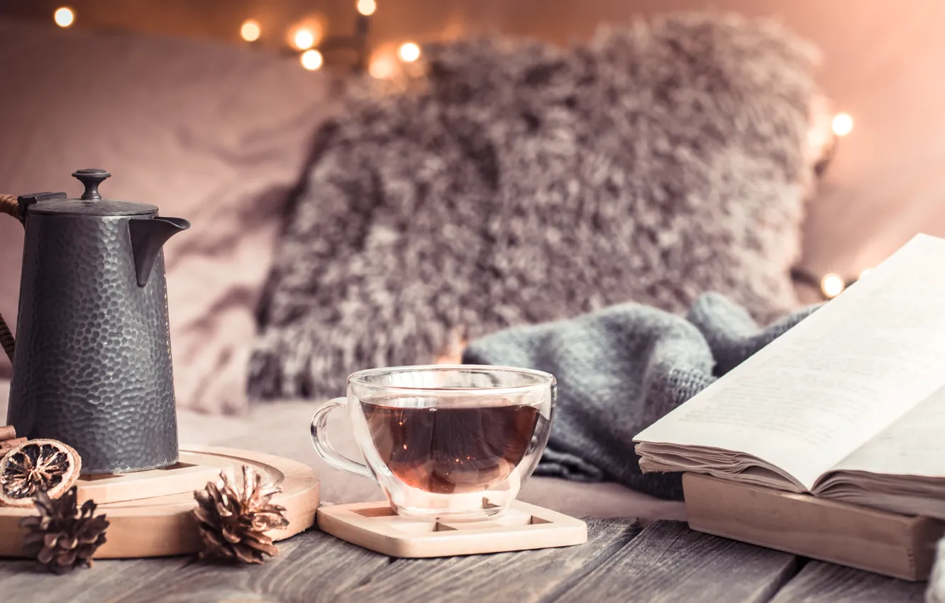 Photo wallpaper winter, comfort, heat, table, sofa, tea, Board, coffee