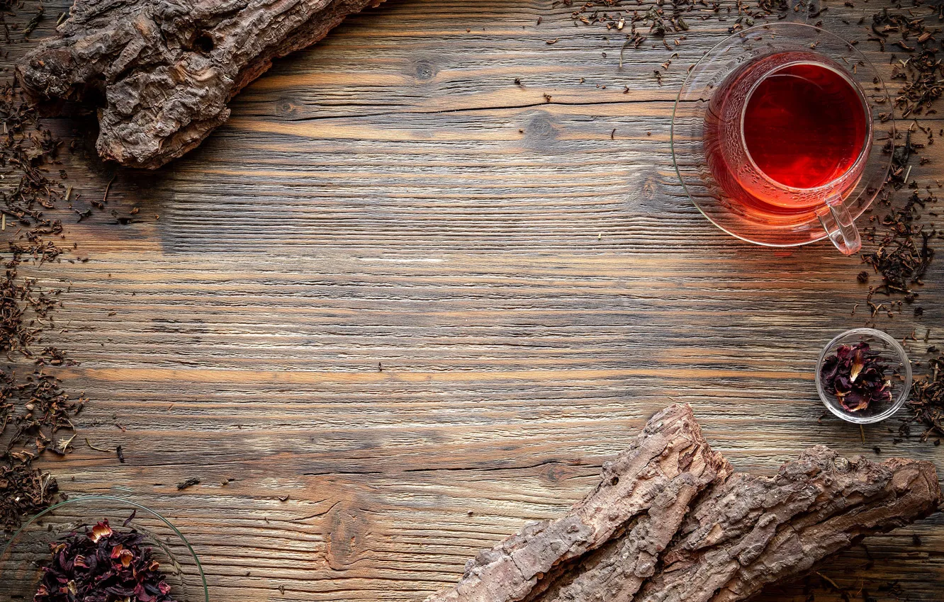 Photo wallpaper glass, tea, Board, petals, the tea party, mug, Cup, bark
