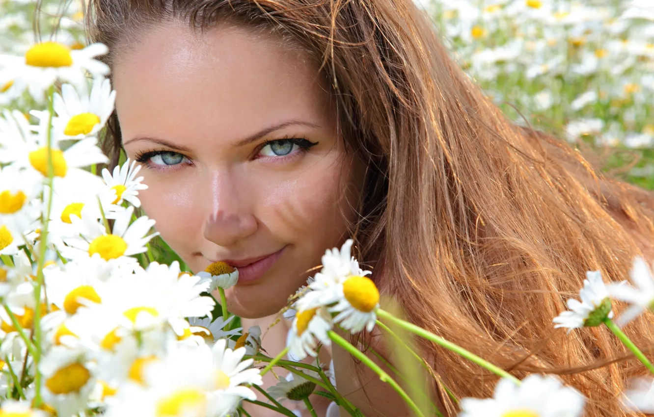 Photo wallpaper field, face, chamomile, well
