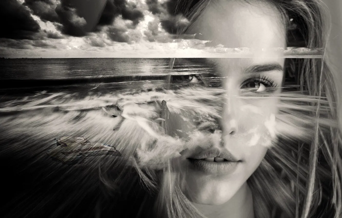 Photo wallpaper sea, girl, face, black and white picture