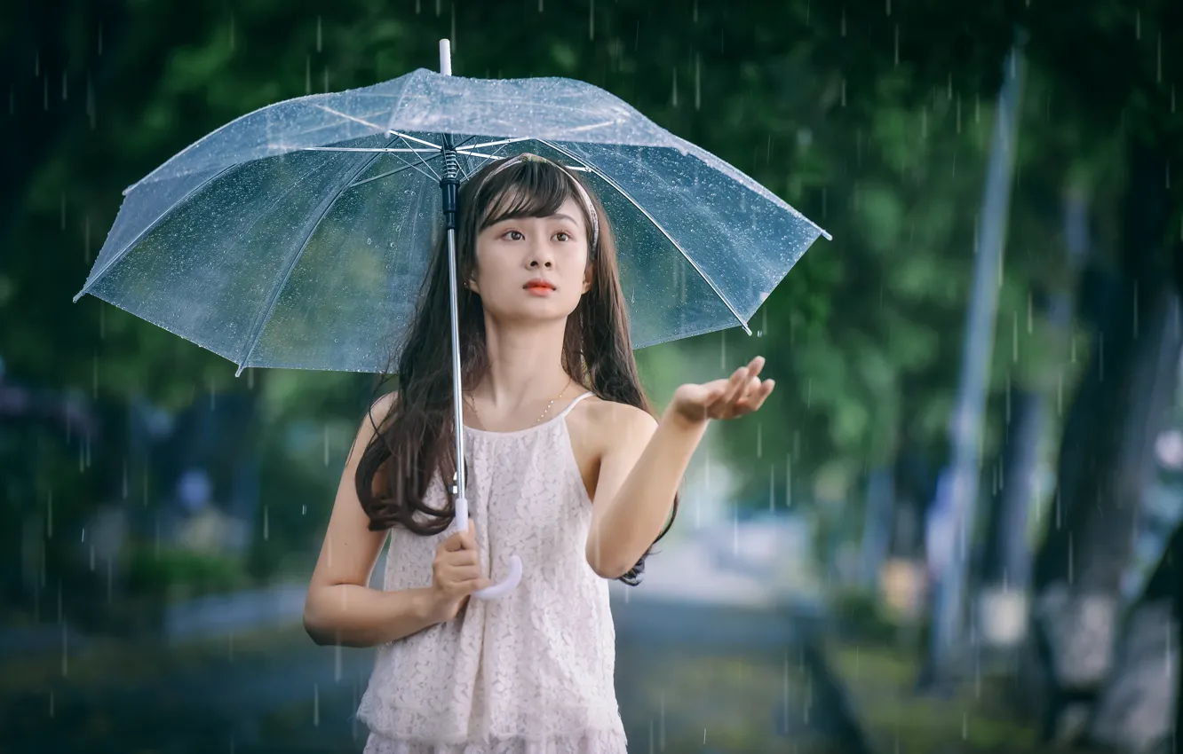 Photo wallpaper girl, drops, face, umbrella, rain, hand, East
