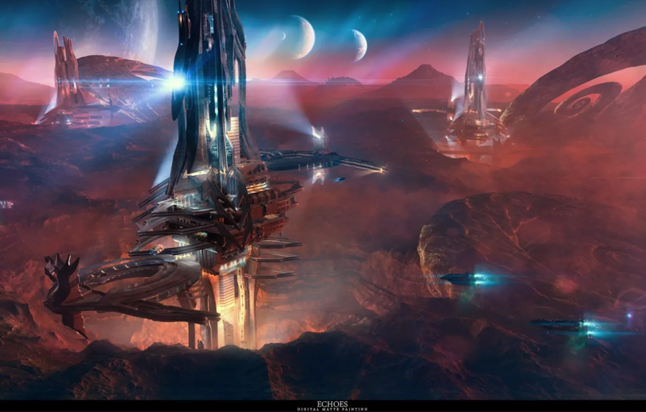 Photo wallpaper tower, mountain, spaceship, planet, Echoes
