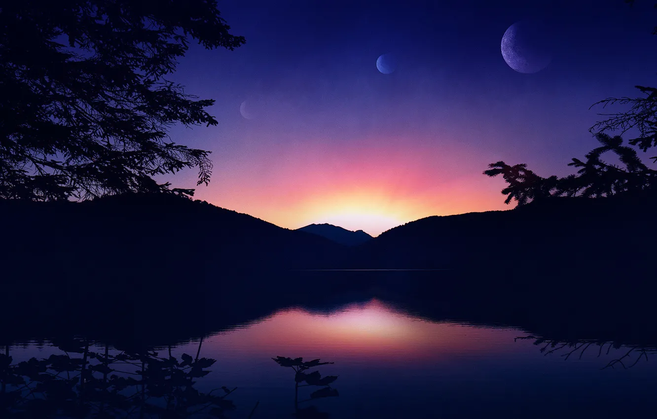 Photo wallpaper water, trees, sunset, mountains, lake, reflection, rendering, the moon