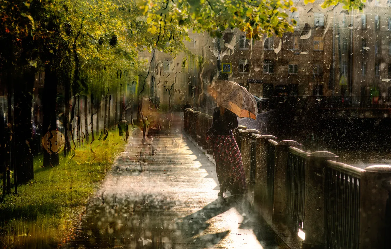 Photo wallpaper autumn, girl, drops, photo, rain, umbrella, Gordeev Edward