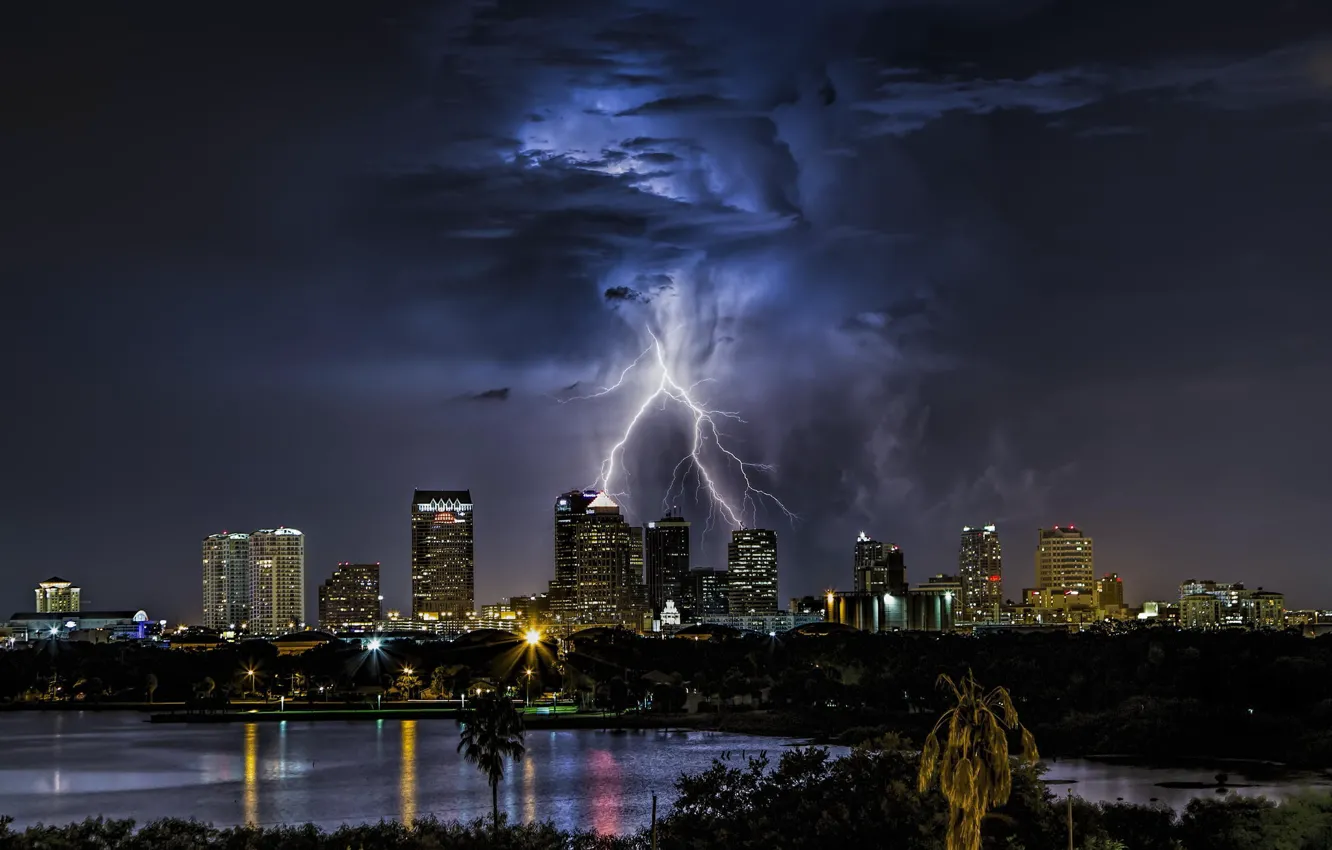Photo wallpaper the storm, the sky, night, clouds, the city, lights, lightning, building