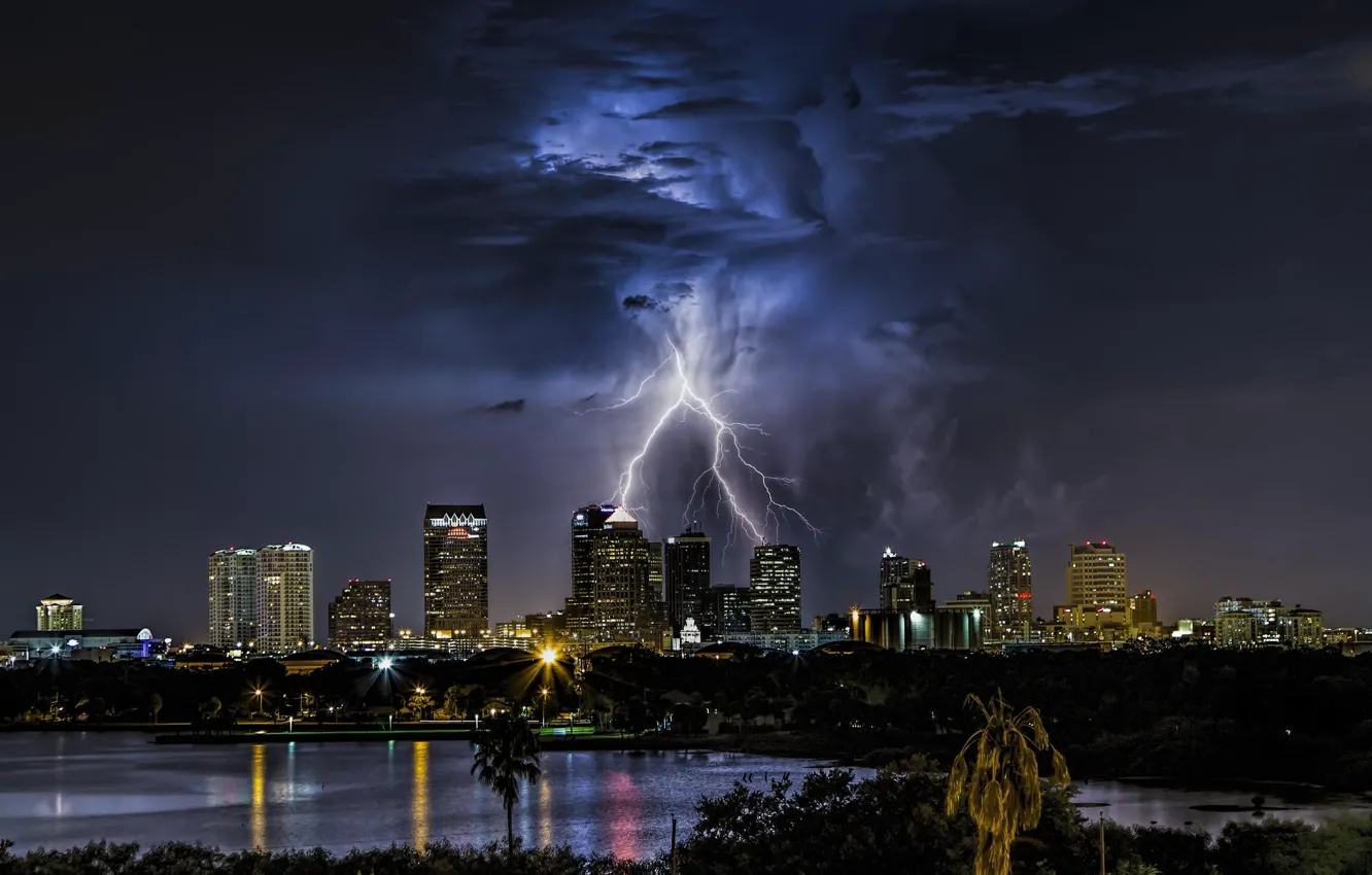 Photo wallpaper the storm, the sky, night, clouds, the city, lights, zipper, building