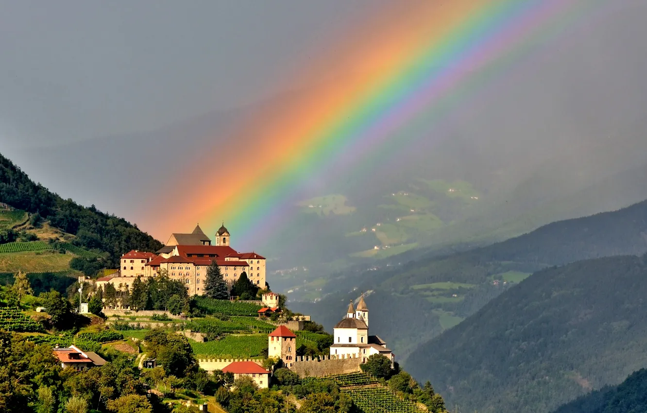 Photo wallpaper mountains, castle, rainbow