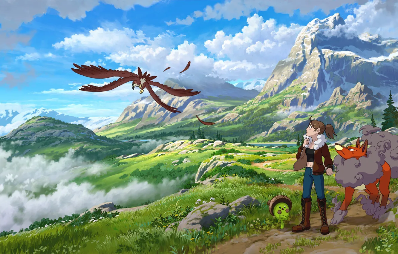 Photo wallpaper mountains, nature, girl, beast, Kindred Fates