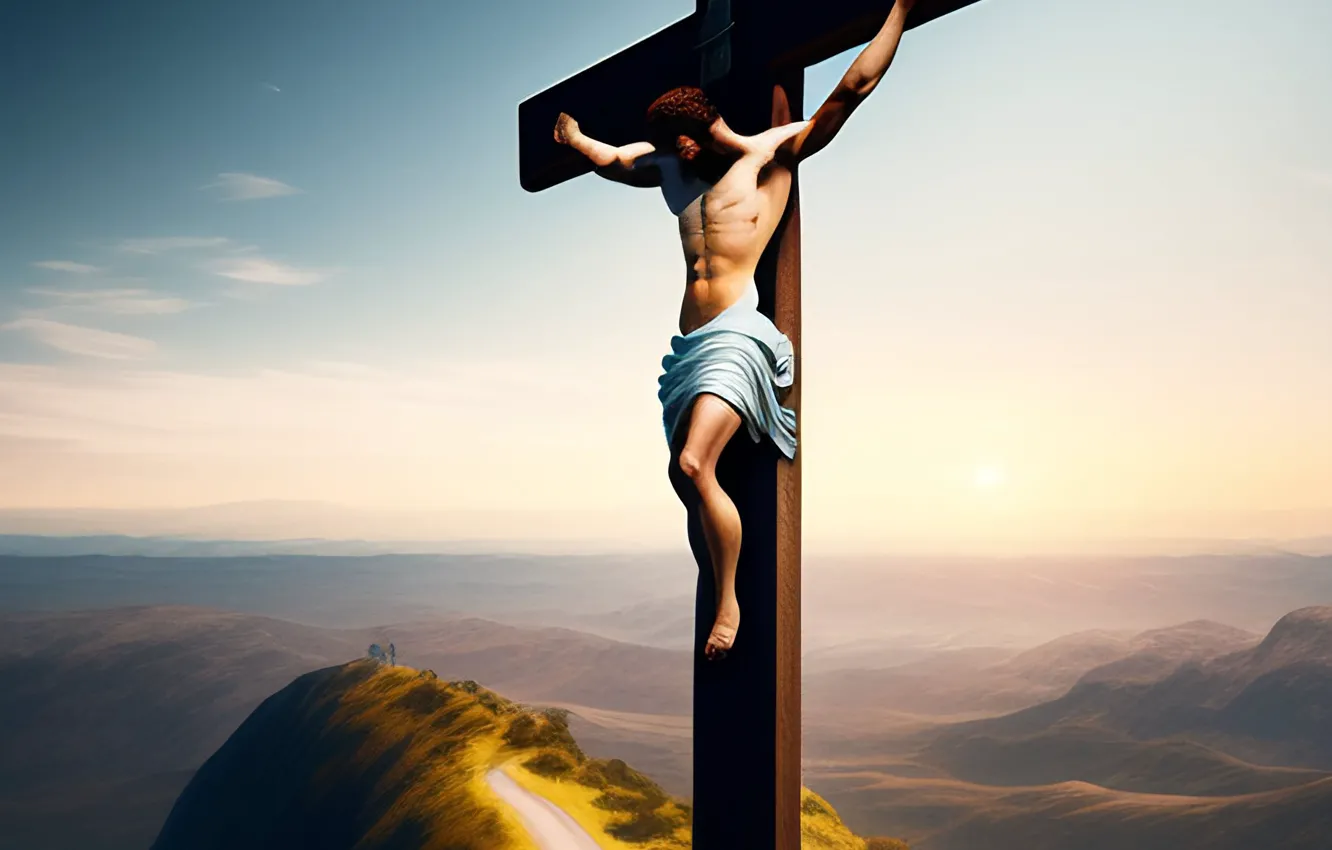 Photo wallpaper cross, male, religion, the crucifixion, Jesus Christ, digital art, AI art, The Art of Artificial …