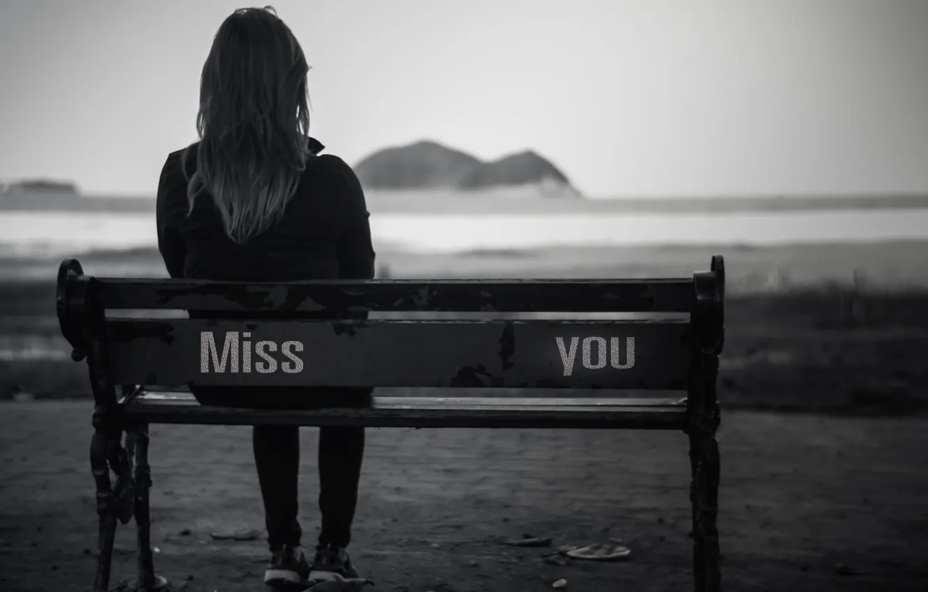 Photo wallpaper sadness, girl, bench, loneliness, background, black and white, Wallpaper, sadness