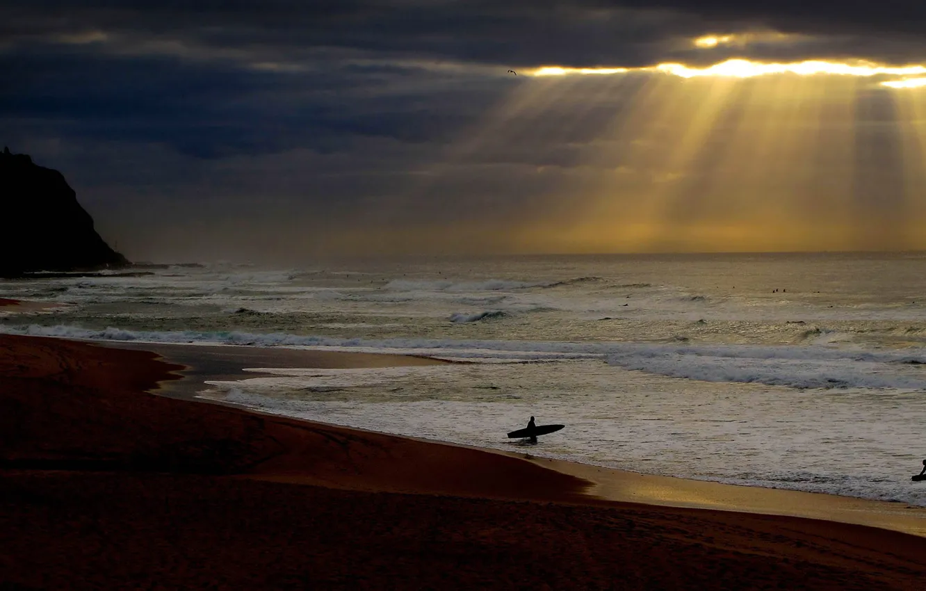 Photo wallpaper sea, clouds, rays, sport, Australia, surfer, Newcastle, New South Wales