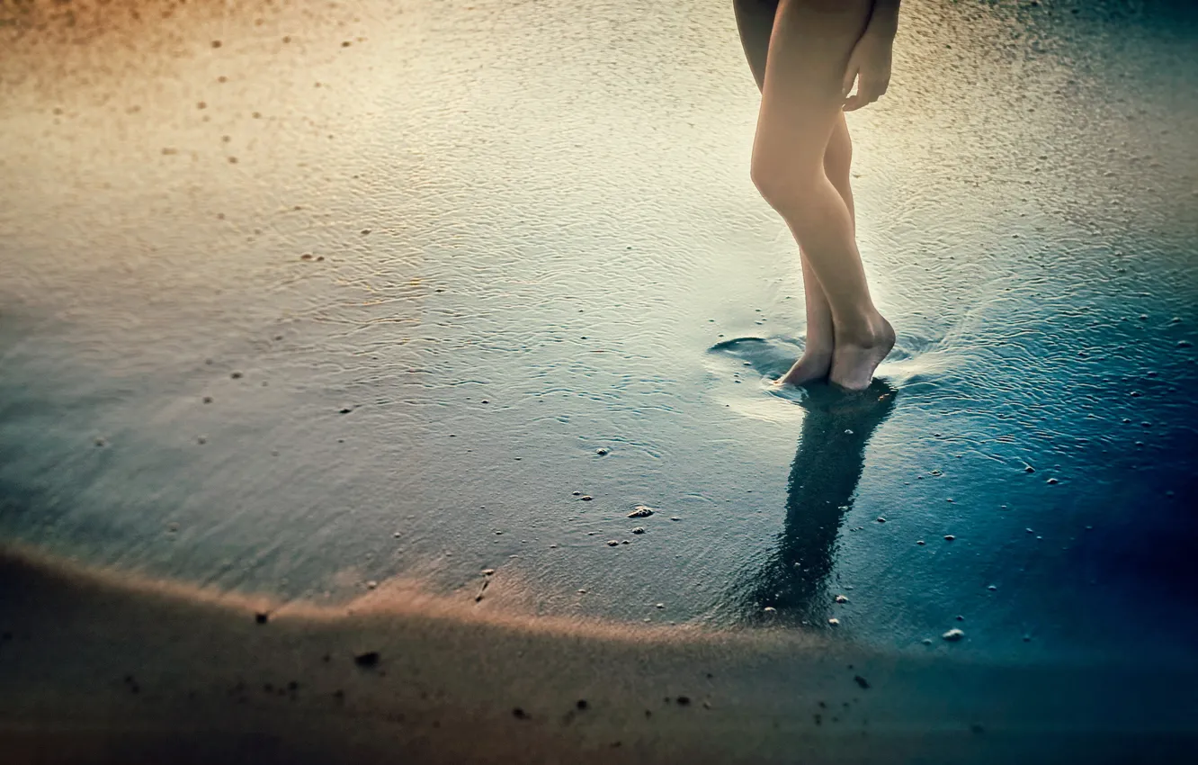 Photo wallpaper sand, water, shadow, legs