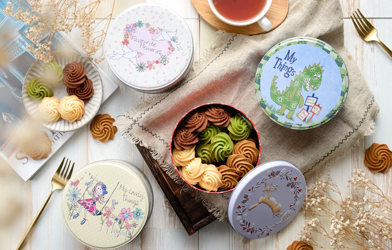 Photo wallpaper tea, cookies, cakes, boxes