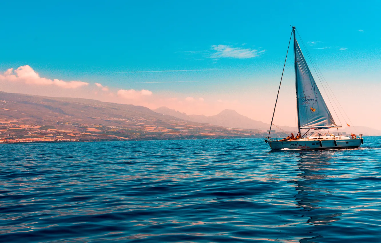 Photo wallpaper sea, coast, yacht, sail, blue sky