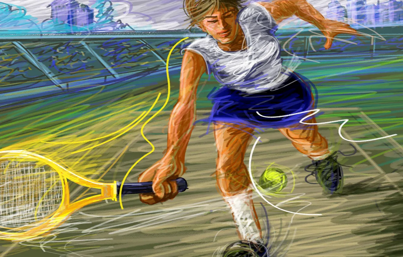 Photo wallpaper figure, the ball, vector, racket, blow, stadium, tennis, court