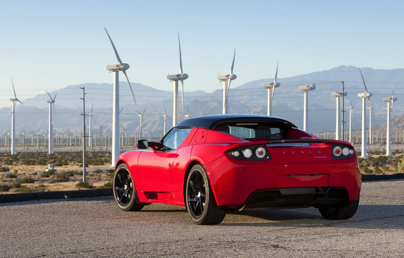 Photo wallpaper the sky, sport, Roadster, mill, car, Tesla, Sport, wind