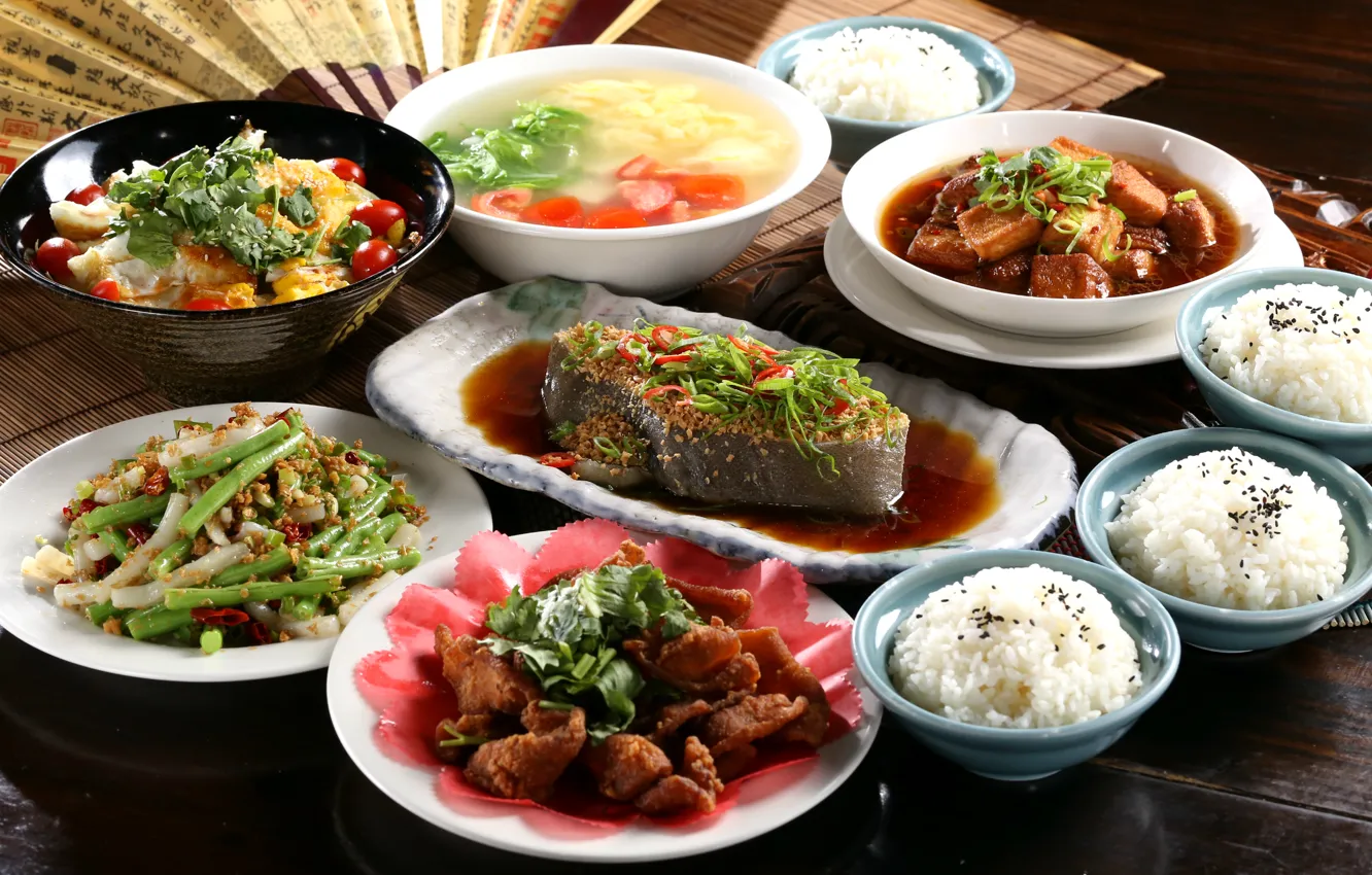 Photo wallpaper fish, soup, figure, vegetables, seafood, Japanese cuisine, meals, cuts