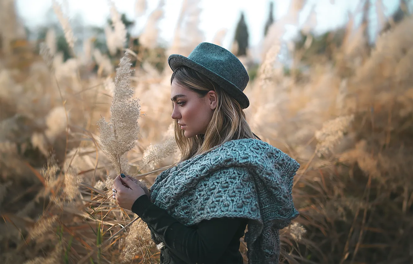 Photo wallpaper grass, nature, model, portrait, hat, blonde, profile, bokeh