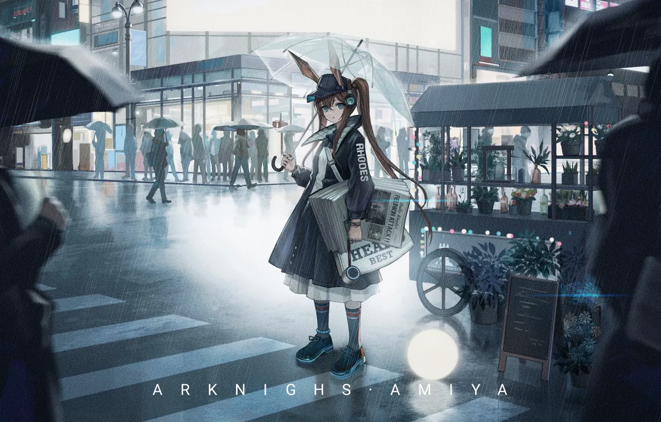 Photo wallpaper girl, the city, people, rain, umbrella, Arknights, Amiya