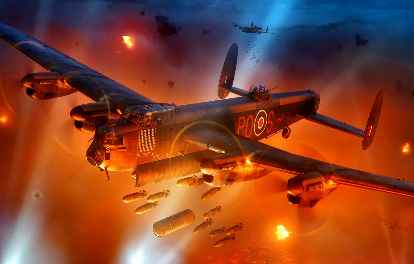 Photo wallpaper night, Fire, Avro, heavy bomber, the beams from the spotlights, WWII, bombs, 683 Lancaster