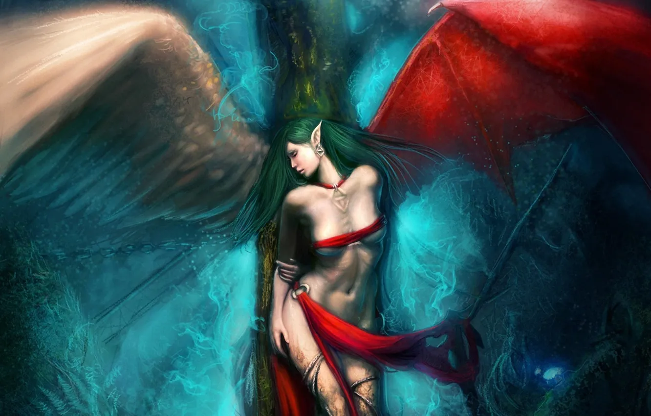 Photo wallpaper girl, trees, wings, angel, the demon, art