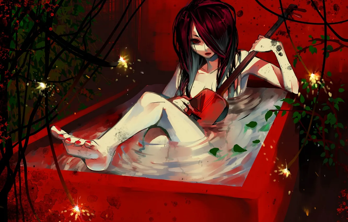 Photo wallpaper leaves, water, girl, plant, anime, art, sparks, bath