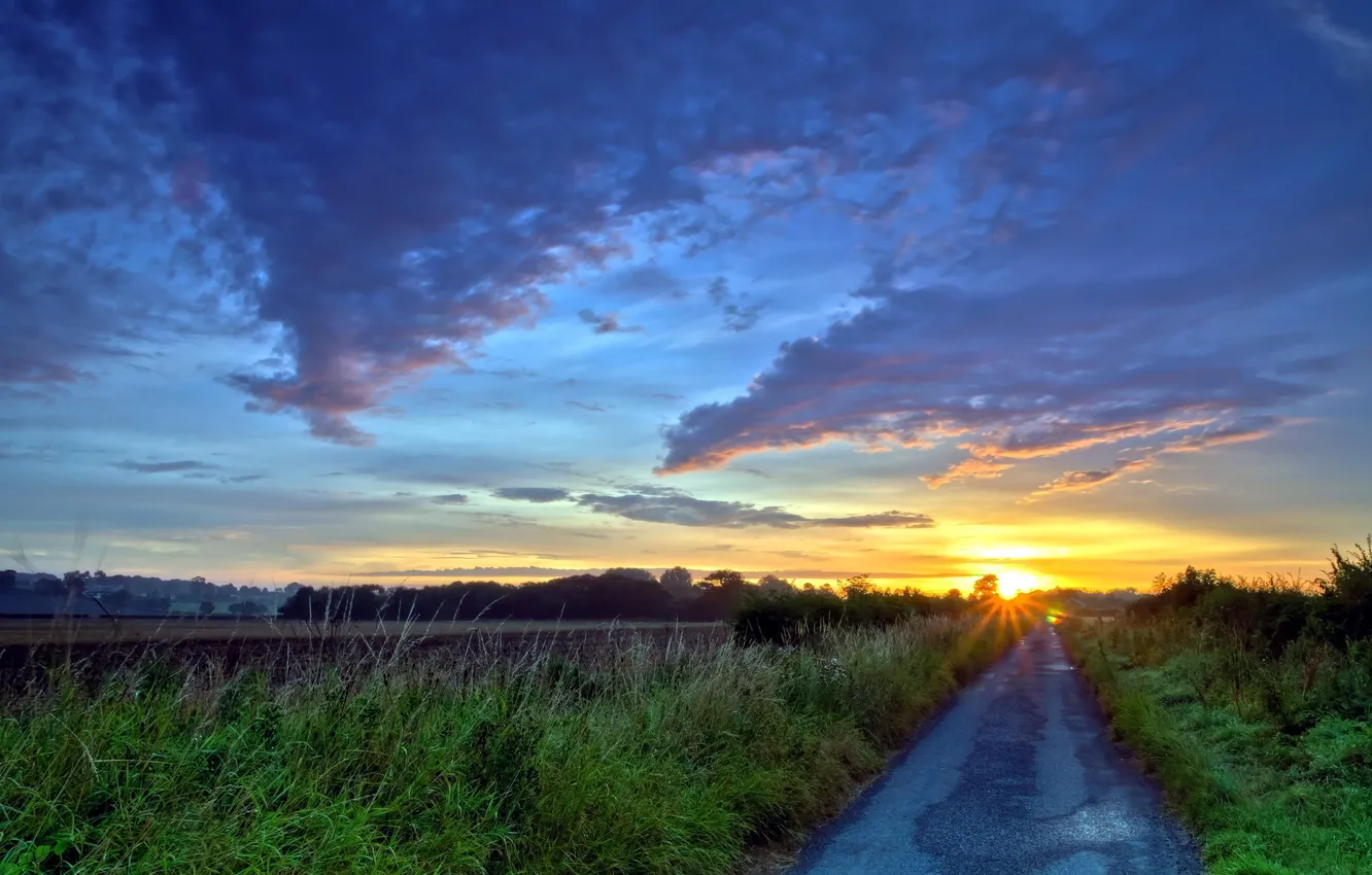 Photo wallpaper road, field, landscape, sunset