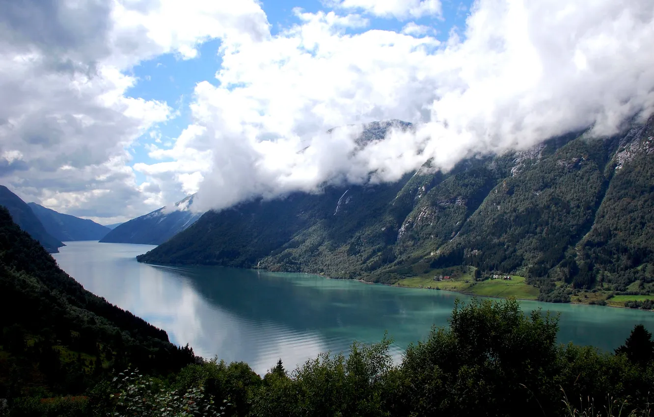 Photo wallpaper clouds, mountains, river