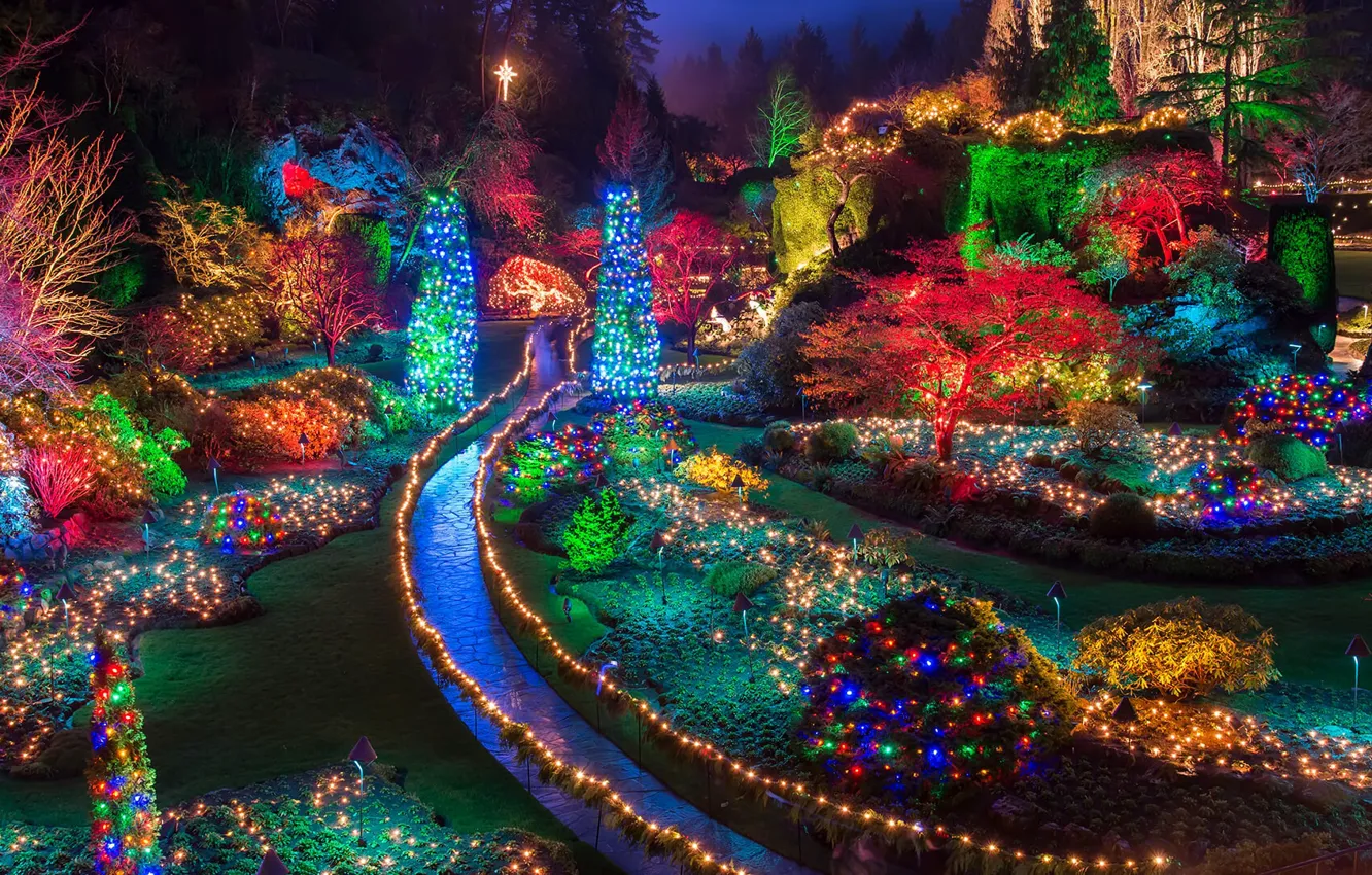 Photo wallpaper lights, Canada, Christmas, British Columbia, Vancouver island, Butchart Gardens, Butchart Gardens, group of botanical gardens